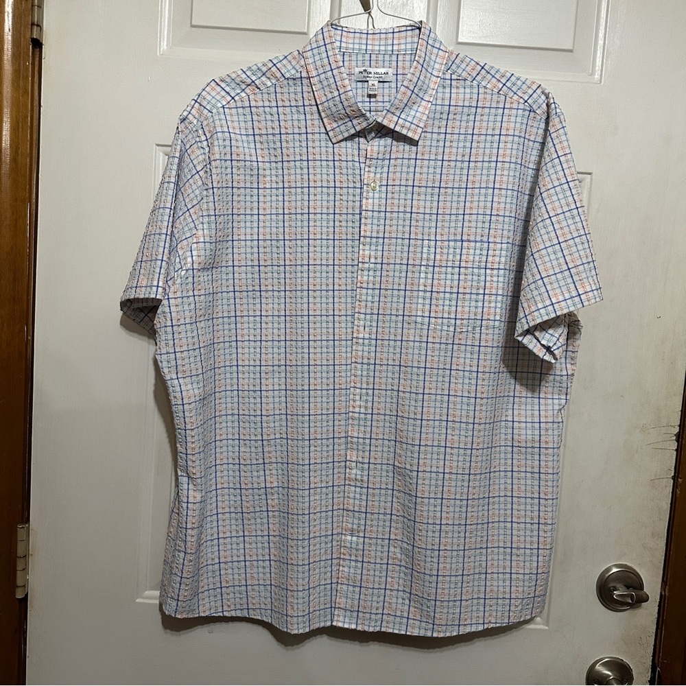 Peter Millar‎ Shirt Mens X-Large Summer Comfort Plaid S/S Button Up Seersucker